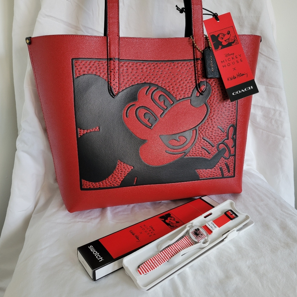 Coach Disney Mickey Mouse x Keith Haring Bag Purse Tote + Swatch Watch NWT